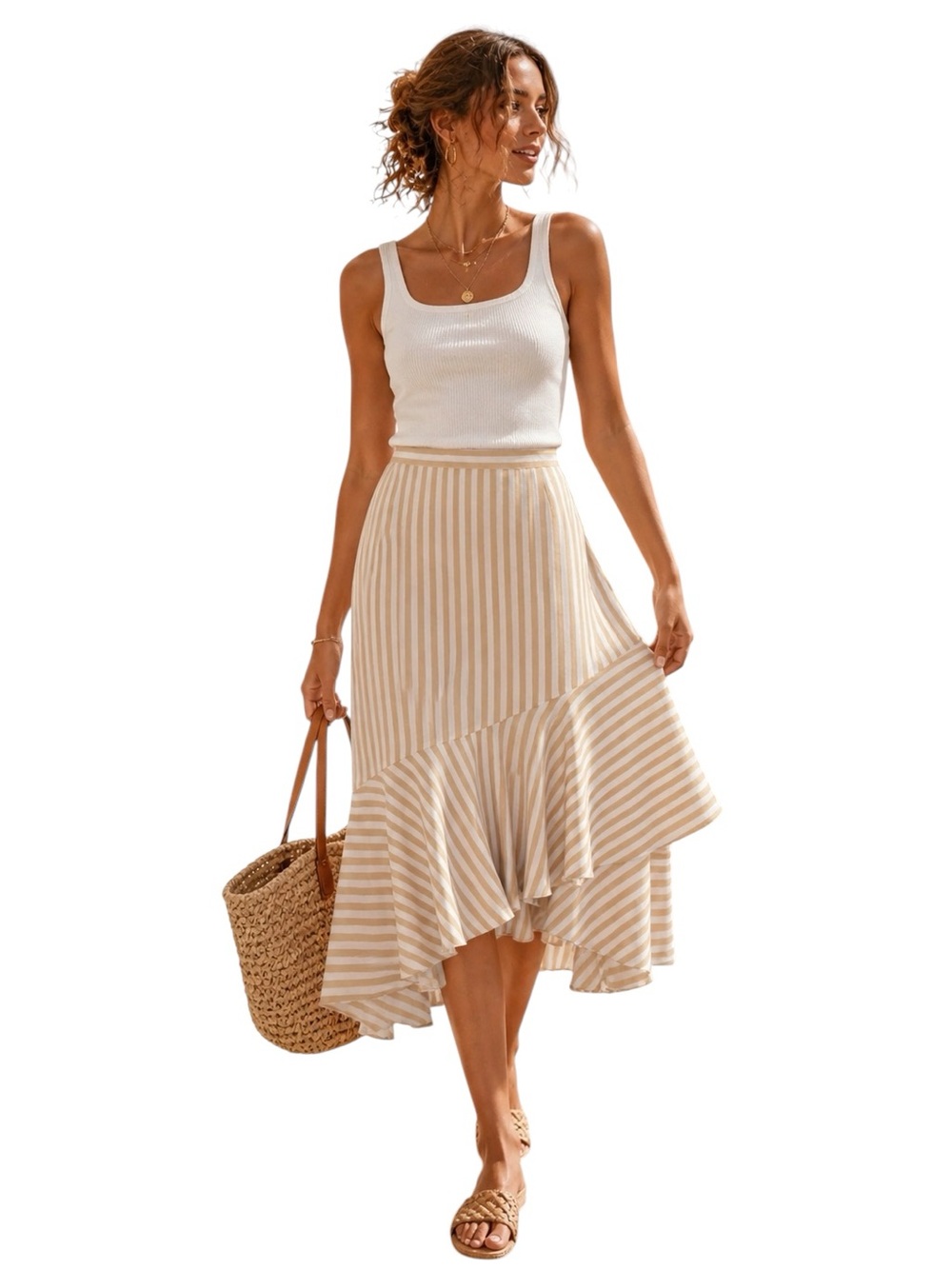 Ann Taylor Striped Asymmetrical Ruffle Midi Skirt Size 8 Beige White Flowy NWT